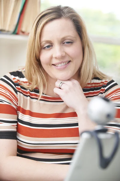 Woman Having Online Conversation Using Webcam — Stock Photo, Image