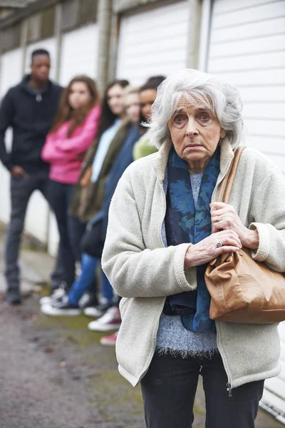 Senior Woman Feeling Intimidated By Group Of Young People — Stock Photo, Image