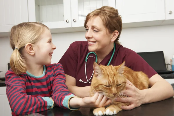 Flicka med husdjur katt till veterinär för undersökning — Stockfoto