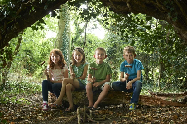 Grupp barn äta korv i skogsmark Camp — Stockfoto