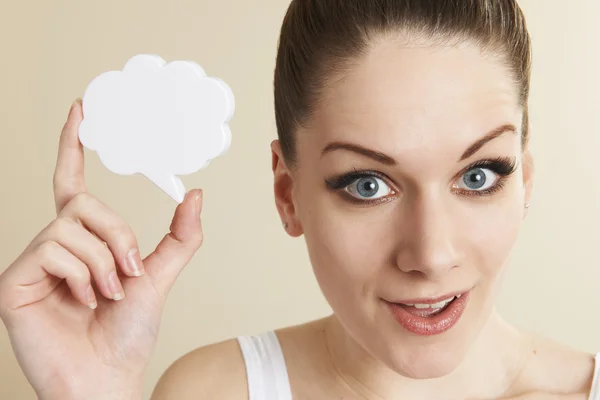 Young Positive Woman Holding Speech Bubble — Stock Photo, Image