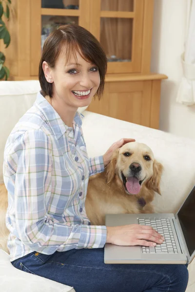 Cão sentado ao lado do proprietário feminino usando laptop — Fotografia de Stock