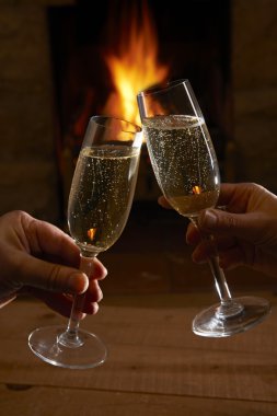 Şampanya ateşin yanında rahatlatıcı cam ile Çift
