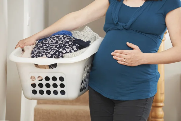 Close Up Of Pregnant Woman Doing Laundry At Home — Stock Photo, Image