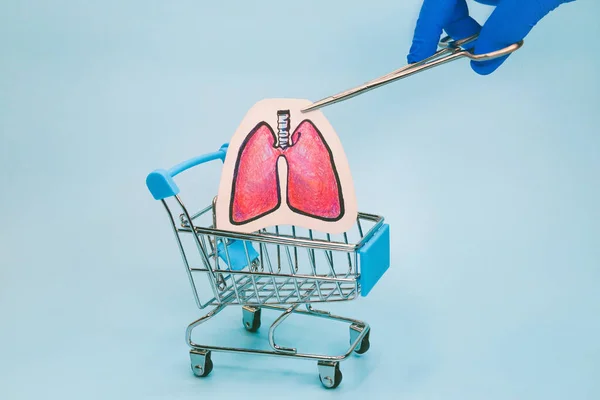 Purchase of donor lungs. hand drops painted lungs into grocery basket. — Stock Photo, Image