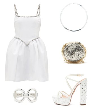 Kadınlar için şık kıyafetler, ayakkabılar ve aksesuarlar kolajı