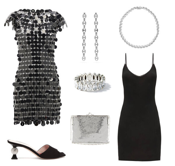 Fashionable clothes on a white background. Assembled image of clothes, accessories, shoes and bags.