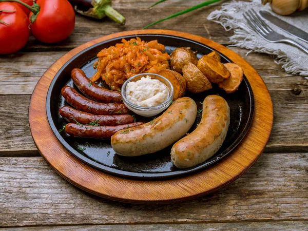 Assorted Sausages Sauces Old Wooden Table — Stock Photo, Image