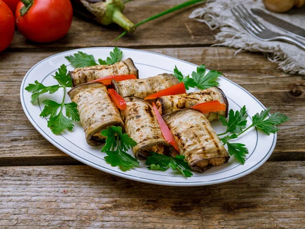 Eggplant Rolls Stuffed Nuts Old Wooden Table — Stock Photo, Image