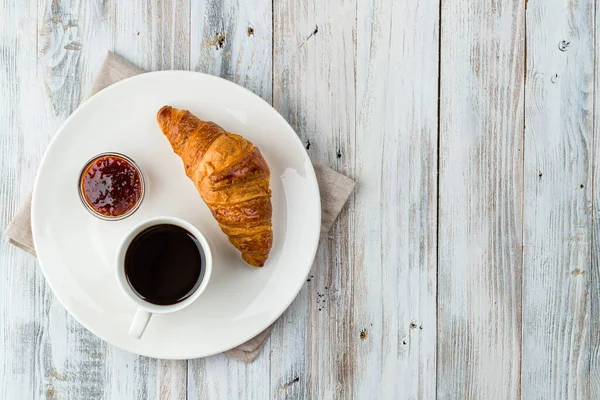 Coffee Croissant Jam Light Wooden Background Copy Space — Stock Photo, Image