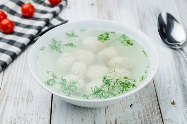 Kycklingsoppa Bouillon Tallrik Med Köttbullar — Stockfoto