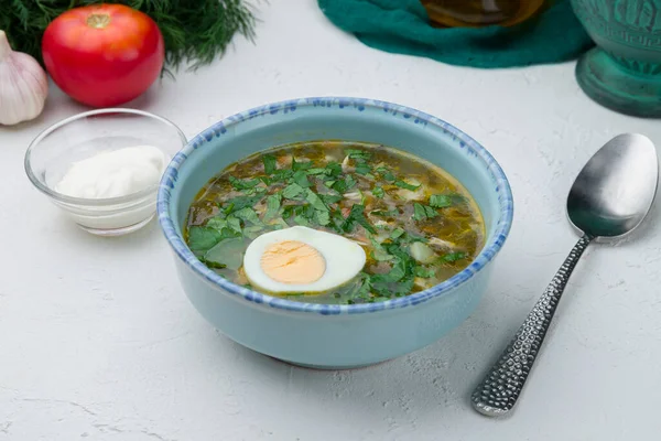 Sorrel soup with egg on white concrete table — Stock Image Sorrel Soup Egg White Concrete Table Royalty Free Stock Photos