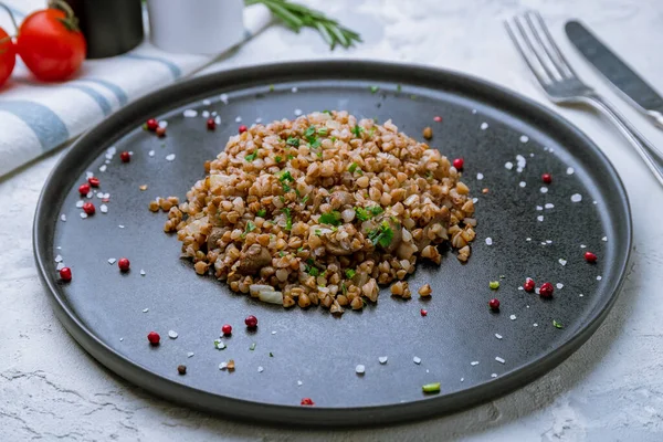 Gachas Trigo Sarraceno Frito Con Cebolla Champiñones — Foto de Stock