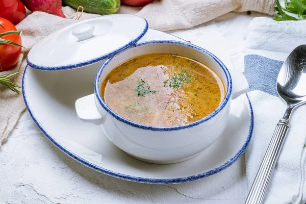 Kippensoep Bouillon Een Bord — Stockfoto