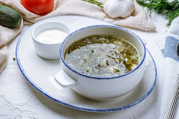 Soup with sorrel, cream in small bowl — Stock Image Soup Sorrel Cream Small Bowl Stock Image