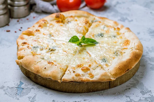 Tasty Pizza Cheese Bail Leaves Red Tomatoes Wooden Table Surface — Stock Photo, Image