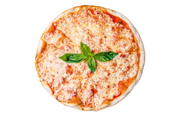 Brânză Frunze Busuioc Pizza Gustoasă Izolată Alb — Fotografie, imagine de stoc