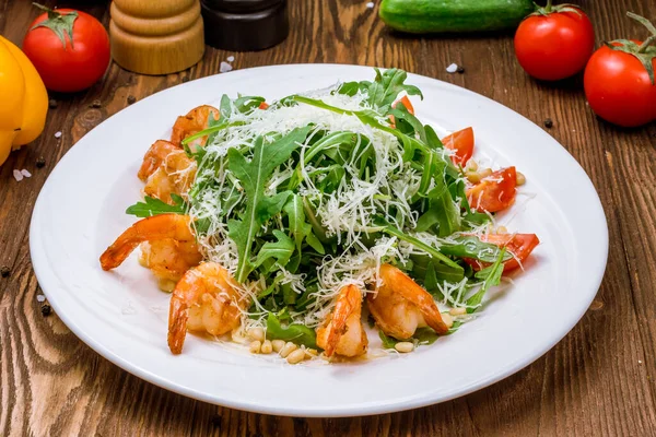 Arugula Com Fundo Comida Camarões — Fotografia de Stock