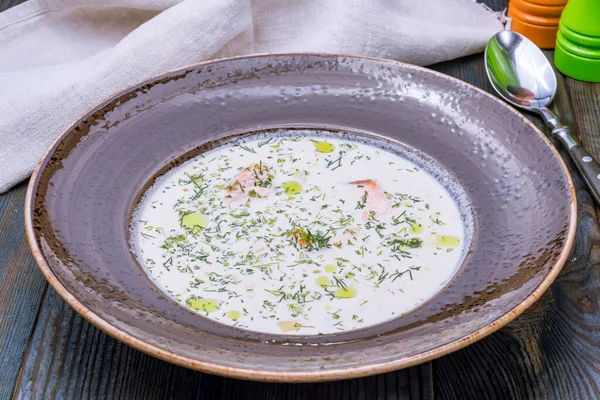 Norwegian soup with salmon on bowl — Stock Image Norwegian Soup Salmon Bowl Royalty Free Stock Photos