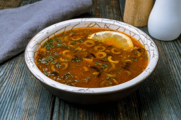 Meat Solyanka Soup Blue Wood Table — Stock Photo, Image