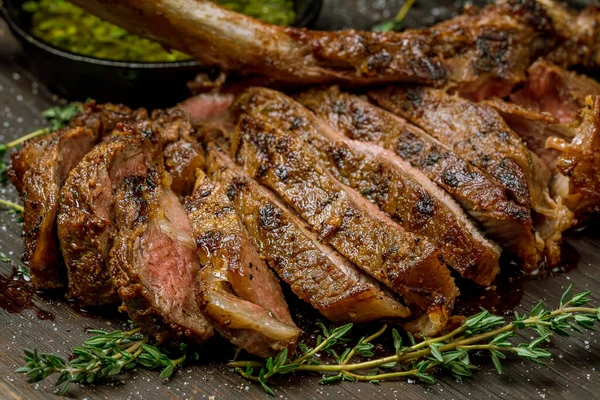 Close View Delicious Tomahawk Ribeye Steak Wooden Background — Stock Photo, Image