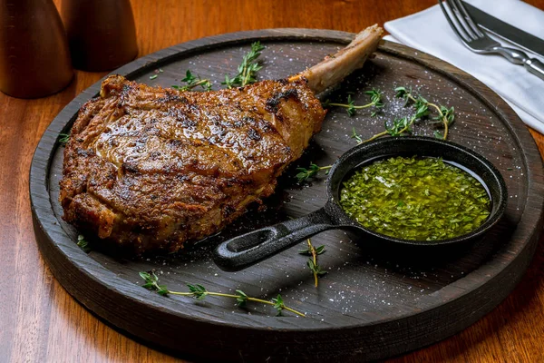 Close View Delicious Tomahawk Ribeye Steak Wooden Background — Stock Photo, Image