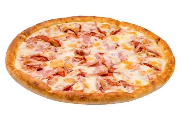 Pizza Mit Schinken Salami Und Geschmolzenem Käse Auf Weißem Hintergrund — Stockfoto