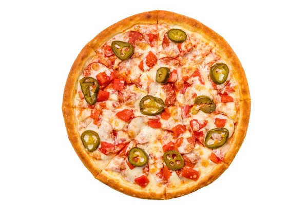 Frische Pizza Mit Tomaten Grünem Paprika Und Mozzarella Auf Weißem — Stockfoto