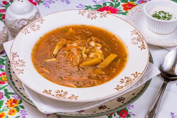 Tasty Sauerkraut Soup Cabbages White Bowl — Stock Photo, Image