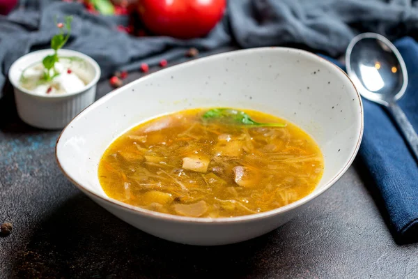 Sup Sauerkraut Lezat Dengan Kubis Dalam Mangkuk Putih — Stok Foto