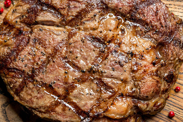 Close-up view of juicy Ribeye steak
