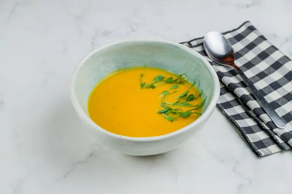 Soup Cream Pumpkin White Marble Table — Stock Photo, Image