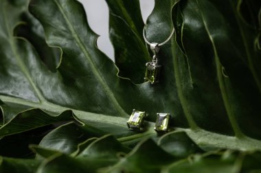 Gümüş ve zümrüt kolye, zincir ve küpeli mücevherler..