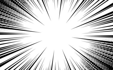 Çizgi roman şeridi radyal hareket çizgileri. Anime çizgi romanları kahraman hızında ya da aksiyon dokusu ışınlarıyla savaşır. Manga çizgi filminin arka planında patlamalar var. Vektör illüstrasyonu