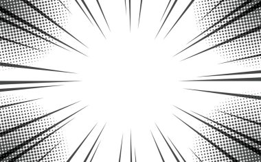 Beyaz arka planda radyal çizgileri olan soyut bir çizgi roman. Bir süper kahraman tasarımının vektör çizimi. Hız çizgileri olan manga çerçeve.