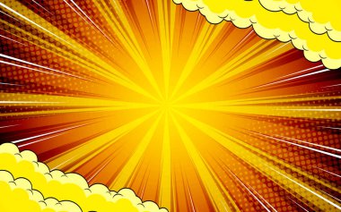 Pop sanat tarzı çizgi roman arka planı ve boş bir alan. Şablon desenli ışınlar, noktalar ve yarım ton efektleri. Vektör illüstrasyonu.