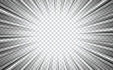 Çizgi roman radyal hız çizgileri şablonu. Manga hız çerçevesi. Karikatür patlaması. Aksiyon süper kahramanı. Beyaz arkaplanda izole edilmiş tek renkli vektör illüstrasyonu.