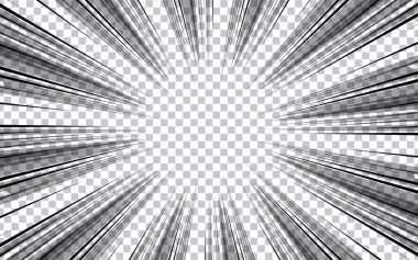 Çizgi roman radyal çizgileri. Hareketli çizgi roman arka planı, hız çizgileri. Vektör illüstrasyonu