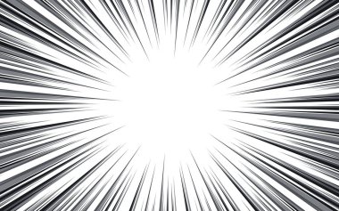 Beyaz arka planda radyal çizgileri olan soyut bir çizgi roman. Bir süper kahraman tasarımının vektör çizimi. Hız çizgileri olan manga çerçeve.