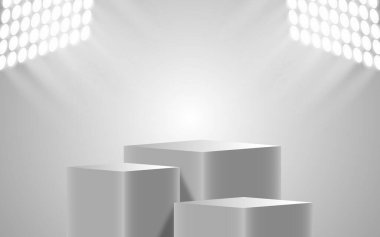 Stüdyo alanı. Ürün sunumu için soyut üç boyutlu arkaplan. Minimalist duvar manzarası. Gösteri, tanıtım gösterisi. Vektör sahne modelleme illüstrasyonu.