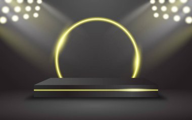 Arka planında modern bir podyum olan bir platform tabanı. Boş bir sergi sahnesi ya da boş ürün rafları için bir fon. 3B görüntüleme.