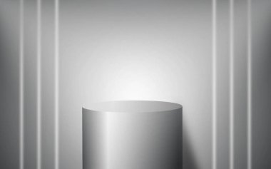 Arka planda 3 boyutlu gerçekçi silindirik podyum. Geometrik platformlu soyut stüdyo alanı. Ürün gösterisi için minimalist sahne.