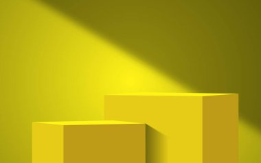 Arka planda 3D podyum, Minimalist tarzı, Ürün sergisi, Mockup, Showcase, Showroom sunumu. Vektör illüstrasyonu.