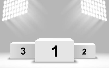 Üç standı olan bir şampiyon podyumu. Sahne 1, 2, ve 3 kazananlar podyumu. Sahne ışıklarıyla kazanan podyum.