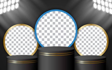 Kazanan podyum. Yaya maketi. Sahne ışıklarının olduğu gerçekçi bir sahne. Boş merasim sahnesi. Kazanan şablon oluşturur. Vektör illüstrasyonu.