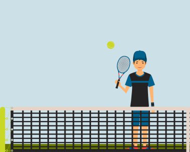 Genç adam tenis kortunda tenis oynamaya. Vektör çizim