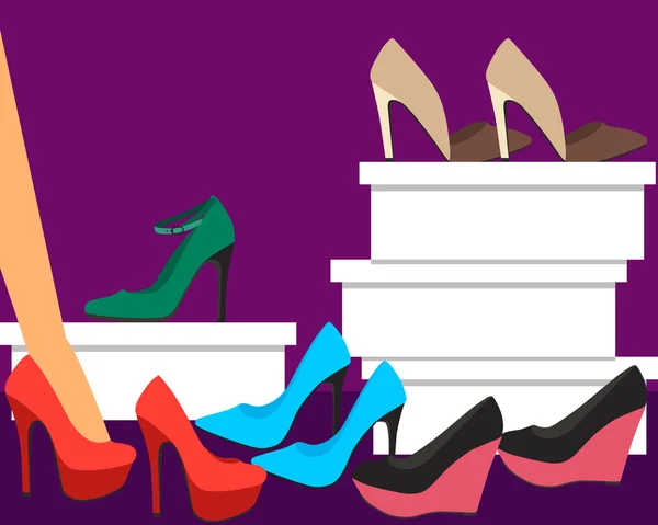 Negozio di scarpe. La donna sceglie le scarpe. Illustrazione vettoriale — Vettoriale Stock