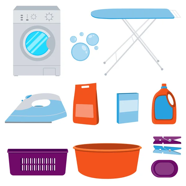 Pictogrammen instellen Wasserij. Wasmachine en wasmiddel. Vectorillustratie — Stockvector