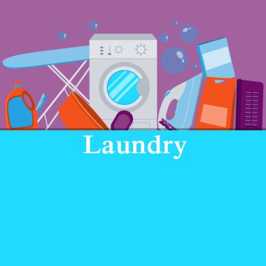 Poster Çamaşırhane. Çamaşır makinesi ve çamaşır deterjanı. Vektör çizim