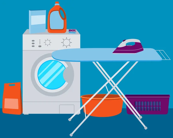 Interieur Wasserij. Wasmachine en wasmiddel. Vectorillustratie — Stockvector